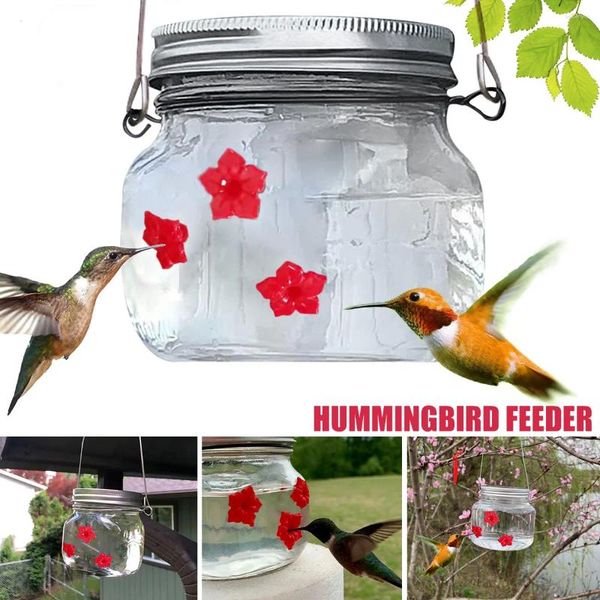 Outros pássaros suprimentos de maçom jar beija -flor alimentador ao ar livre acessórios de jardim 475 ml vidro durável com 3 portas de alimentação vermelha