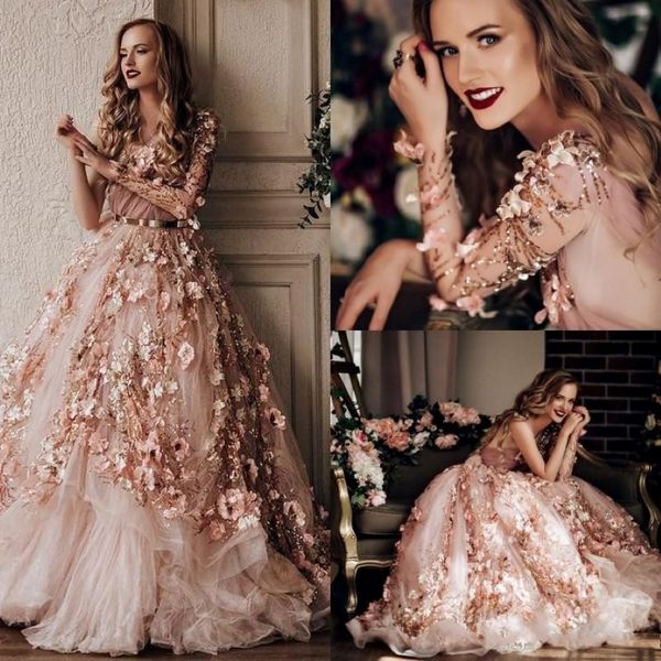 Luxury Elie Saab Abiti da sera maniche lunghe Abito da ballo formale una linea Abito di moda in passerella Applicata 3D con ante 258