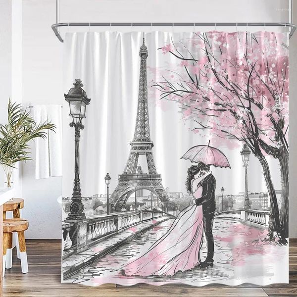 Duschvorhänge Vintage Paris Tower Vorhang City Park Pink Blumenbaum Romantische Liebhaber moderner Kunst Polyester Stoff Badezimmer Dekor Dekor