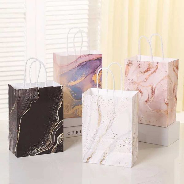 Wrap regalo 5 sacchetti regalo Kraft progettati in marmo con manici Packaging di feste di compleanno Eid al Fitr Guest Giftsq240511