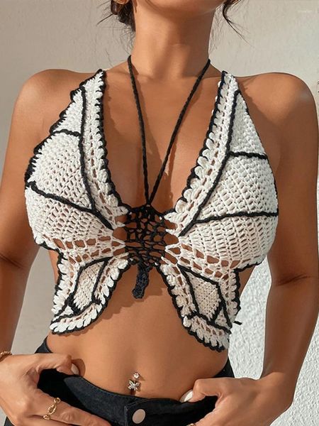 Tank da donna Donne Sexy Bikini Tops in bikini Sleeveless Contrast Colore Halter Tie Up Crochet Butterfly Swimsuits Beachwear