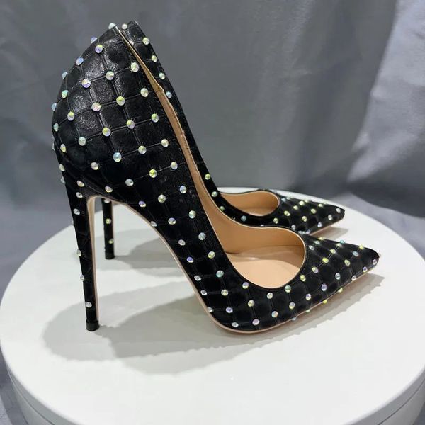 Moda Crystal Cover Sexy Women's High Heels 12cm 10cm8 cm de salto alto Ponto Rivets Sapatos de festa Mulher 33-45