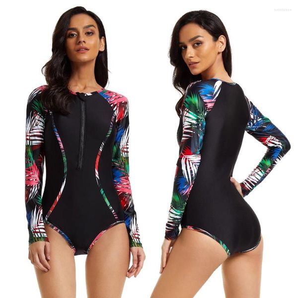 Frauen Badebekleidung ein Stück mit Reißverschluss Langarm weiblicher glänzender Bodysuit Tankini Bauch Cover Sporty Frau Schwimmkostüm für Damen L.