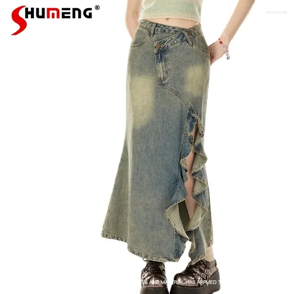 Gonne Fashion Chic Design Design Split Scatta Denim da donna Summer High Waist Lavata vecchia A-Line Long con jeans in legno