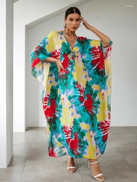 Кратковые пляжные прикрытия для купальных костюмов Kaftans Женщины китайский узел размахивали макси -платьями 2024 Элегантные праздничные купальные костюмы Продажи