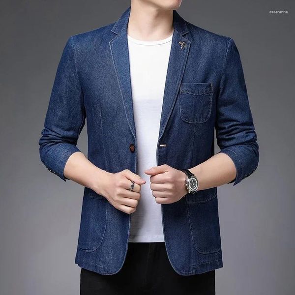 Erkekler 2024 Bahar Sonbahar Yüksek kaliteli marka iş kıyafetli ceket erkekler moda ince uyum 2 düğmesi mavi denim blazer erkek