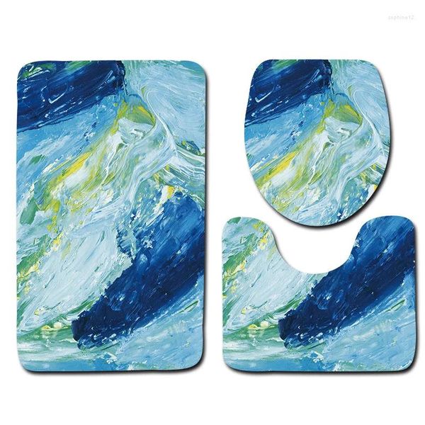 Tapetes de banho 3pcs conjunto de tapete decoração azul Painted Pattern banheiro de banheiro anti -slip higiênico produtos