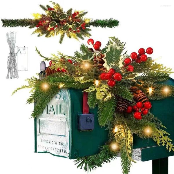 Flores de correio de flores decorativas grinaldas com folhas verdes decoração de férias ao ar livre led pinheiro porta -corezas de berras para o natal