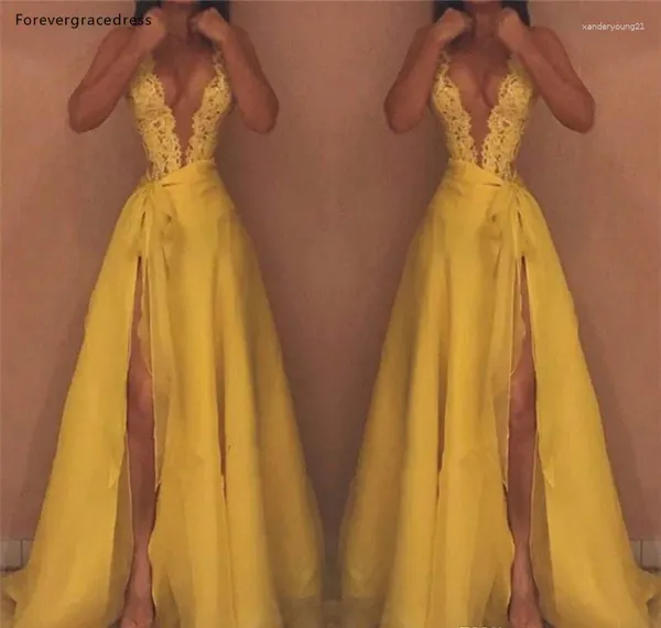 Vestidos de festa de alta qualidade Evening amarelo De profundidade V Lace Red Carpet Red Holiday Wear vestidos de celebridades Plus Tamanho Made personalizado