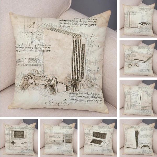 Kissen Vintage Sketch Video Game Cover Dekor Doppeldruck Pillowcase Weiche Plüsch Wurf Hülle 45x45 cm für Sofa Home Car