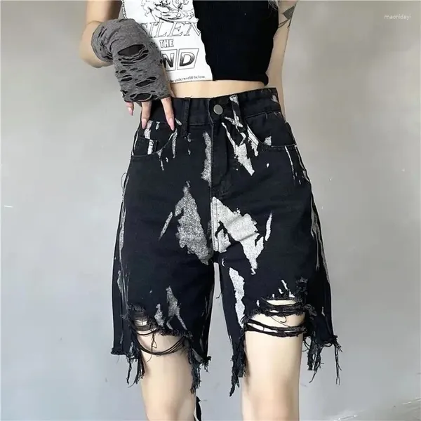 Jeans femininos S-5xl Oversize Vintage Tie Tye Denim Shorts Mulheres 2024 Summer Fashion Hole Tassel Tassel Feminino Gótico STREETHEATH PALHAS CURTAS