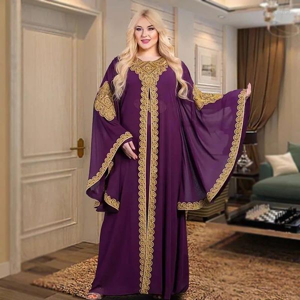 Abbigliamento etnico Abaya Dubai abiti di lusso per donne chiesa elegante maniche musulmane marocche abiti ricamato in pizzo dorato abito da sera in pizzo