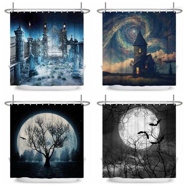 Cortinas de chuveiro cortina de halloween floresta de lua florestal castelo decoração de banheiro lavável tecido de poliéster com ganchos