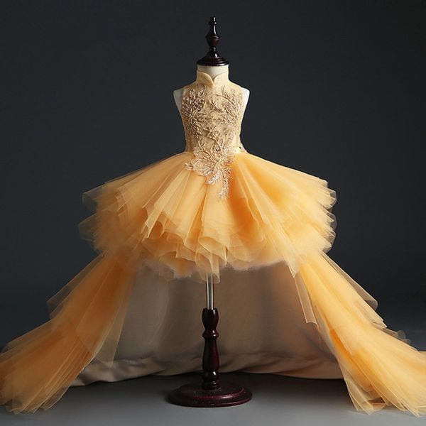 Fluffy Gold Gold Girl's Pageant Drent Birthday Party Dress Abito per perle hi-lo paillettes Flowers Girl Dress Dress Kids First Communione Dr 245V