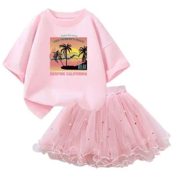 Kleidungssets 3-14y Girls Clothing Set California Urlaub T-Shirt und Tutu-Rock 2-teiliger Set Schöne kleine Mädchen Kleidung Set Fashion Setl2405