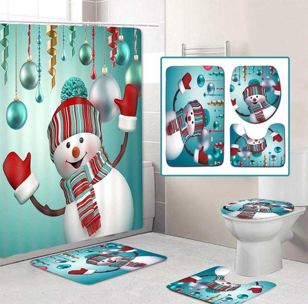 Frohe Weihnachten Duschvorhang Badezimmer Set Schneemann Santa Vater Bell Elch Muster wasserdichte Toilettenabdeckung Non Slip Rug4102210