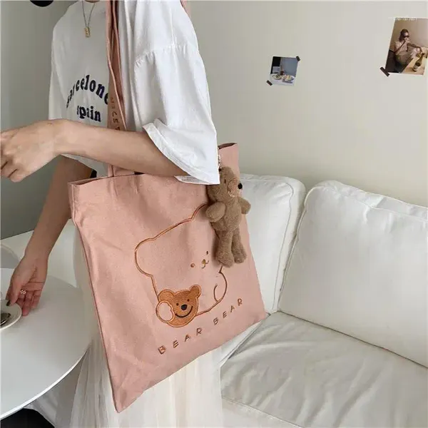 Omuz çantaları büyük kapasiteli bayanlar yeniden kullanılabilir alışveriş çantası sevimli işlemeli ayı kadın tuval rahat tote güzel pembe kız çanta