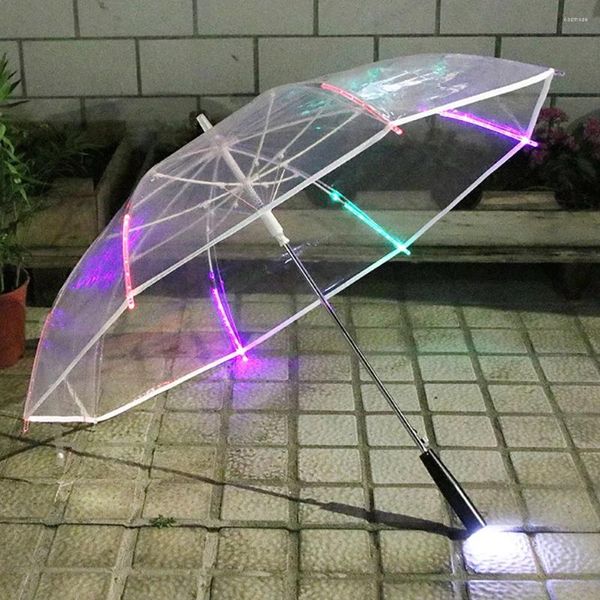 Şemsiye 7 Renk Led Işık Yağmur Rüzgar Taşıyan Şeffaf Otomatik Açık Çubuk Şemsiye Po Prop Düğünler için Dış Mekan Etkinlikleri