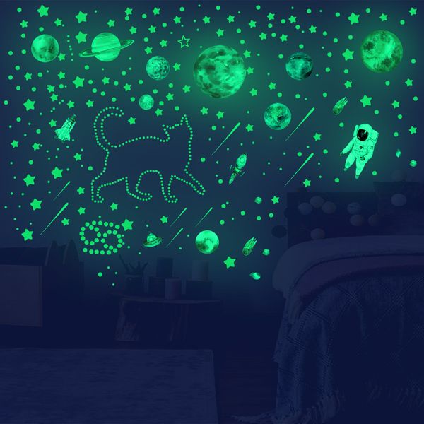 Stary Sky Sky Astronaut Planet Star Dot Night Glow Wall Sticker Infronto Bedroom Decoração Noturna Adesivo