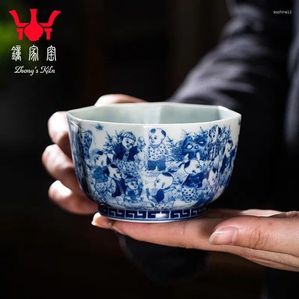 Teewaren -Sets Zhongjia Kiln Keramik Cup Jingdezhen Chai Blau und weiße Hand gezeichneter Charakter Kind acht Quadratte Tee Master