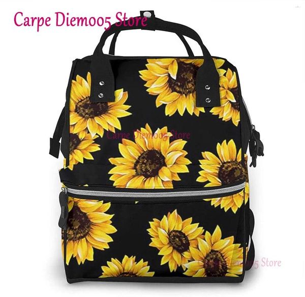 Backpack Sunflower Impresso Mummy Filouper Bag multifuncional Maternidade Bolsas de fraldas garoto com tiras de carrinho de bolso de laptop