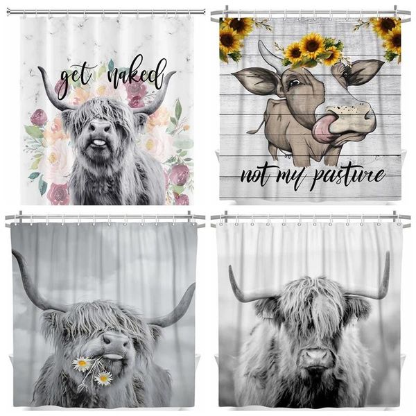 Duschvorhänge Bauernhaus Highland Cow Bull Vorhang mit Haken lustige Vieh Esel Blumendekoration Land Stil Bothroom