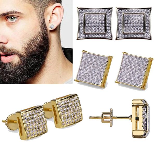 18K Real Gold Hiphop Cz Square Square Серьги 0716 см для мужчин Женщины и девочек подарки с бриллиантами Серьги Punk Rock Rappe5485256