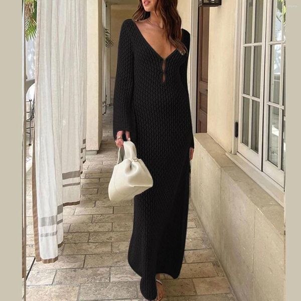 Sexy Knitting Beach Long Dress Women Women Spring Summer a V-Neck Wrap Bodycon Holiday Elegant Evening Party Wear