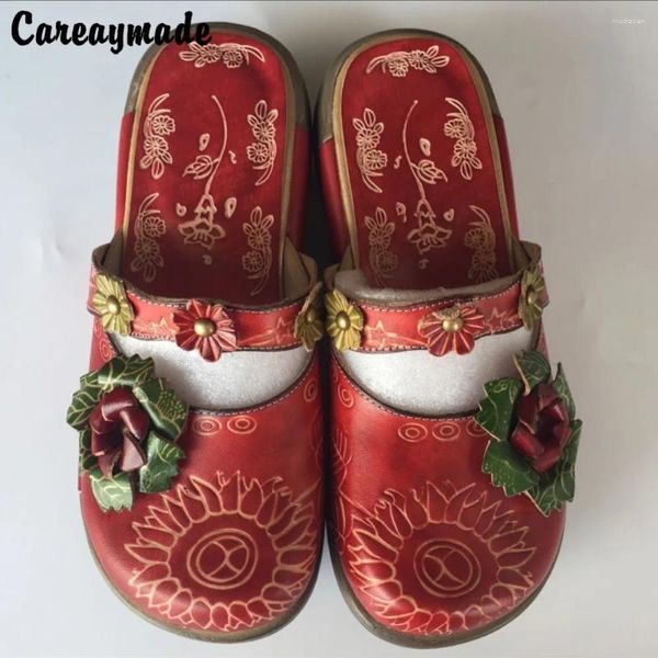 Slippers CareAyyy-Folk Cabeça de Cabeça de Cabeça de Chave de Chave de Covilhão Puro Sapatos Esculpados O Retro Art Mori Girl Sandals casuais femininas151-1