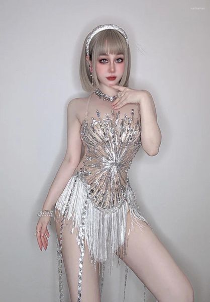 Abiti casual Folk Dance Show Rhinestones paillettes Fringes Leotard for Women Sexy Mesh Transparent Performance Costume