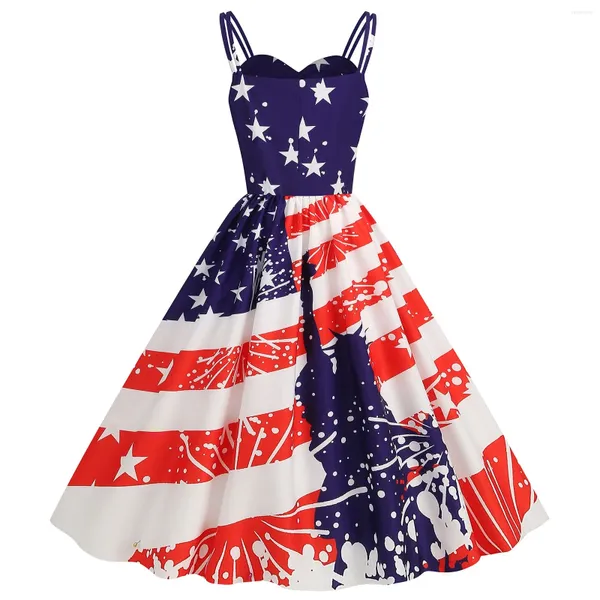 Abiti casual Indipendenza Flag Stampa Vestidos de Mujer Summer Sleeveless Flings A-Line Big Swing Party Club Long Strap Corset