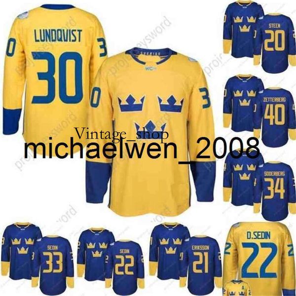 Jerseys de hóquei da Copa do Mundo de Vin Weng Lundqvist Markstrom Ekman Larsson Sedin Eriksson Steen Backstrom Silfverberg Custom Hockey Jerseys