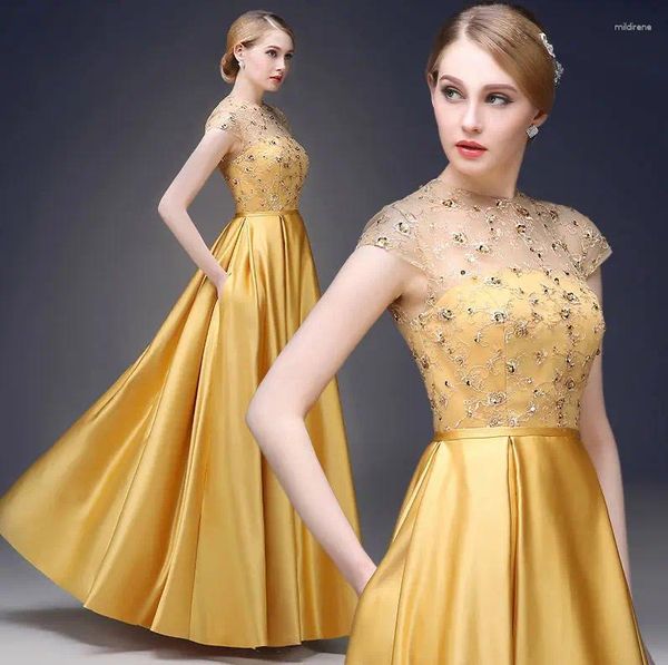 Partykleider 2024 Golden Brocade Long Rock kurzärmeliger Spitze Stickerei Mode Abendkleid