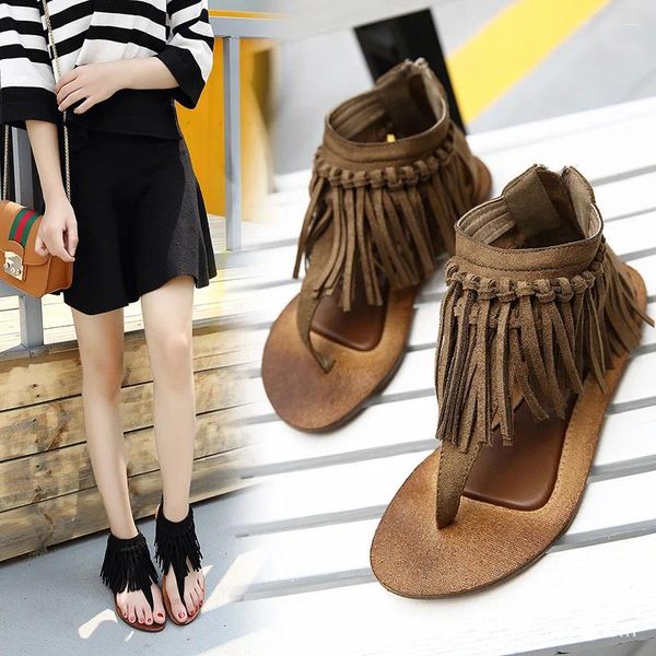 Дизайнер бренда сандалий бахрома джандал женщины покрывают каблук лодыжки с кисточкой пляж Сандалии MUJER FLAT Summer Shoes wember romange Sandales