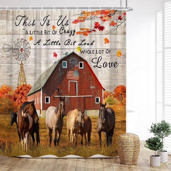 Tende per doccia tende agricola Highland Horse Cow Barn Red House Truck Plank Landscape Stampa vintage Decorazione del bagno per la casa