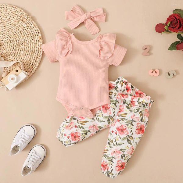 Kleidungssets 0-2 Jahre alte geborene Baby Girls Summer Round Neck Kurzarm Jumpsuit mit Blumendruckhosen Süßes Mode-Set