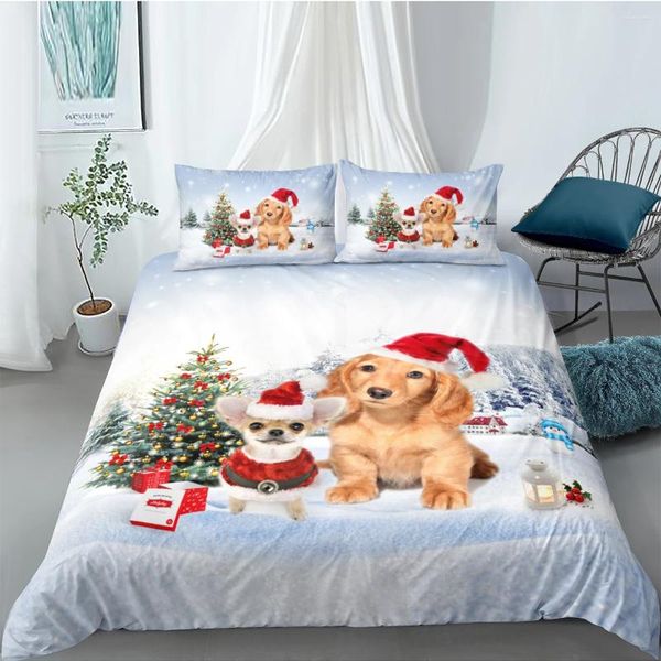 Conjuntos de cama conjuntos de tampa de edredão 3D Conjunto de colcha de colcha de casas de travesseiros completos de tamanho duplo de tamanho único cão de natal pano de cama personalizado