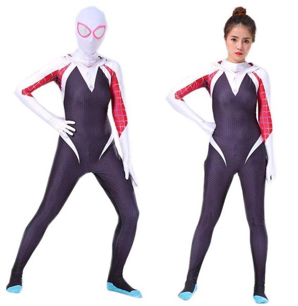 Bazzery Spider Gwen Costume Stacy Cosplay Hoodie Zentai nella tuta per la pelle per bambini per bambini di Spiderverse Suit di Halloween Cosplay G0927176717