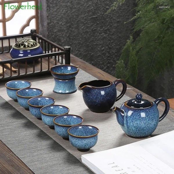 Set di stoviglie in porcellana in porcellana set da tè in ceramica tazza di ciotola per copertina di teiera a bordo blu modificata