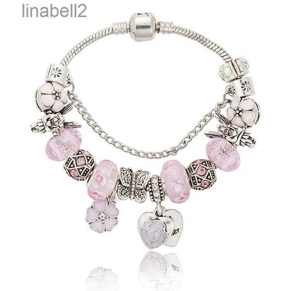 Pink Sakura Love Heart Pinging Charms Bracelet para Pandorade 925 Silver 3mm Snake Chain Charm Bracelets para mulheres com T2ze original