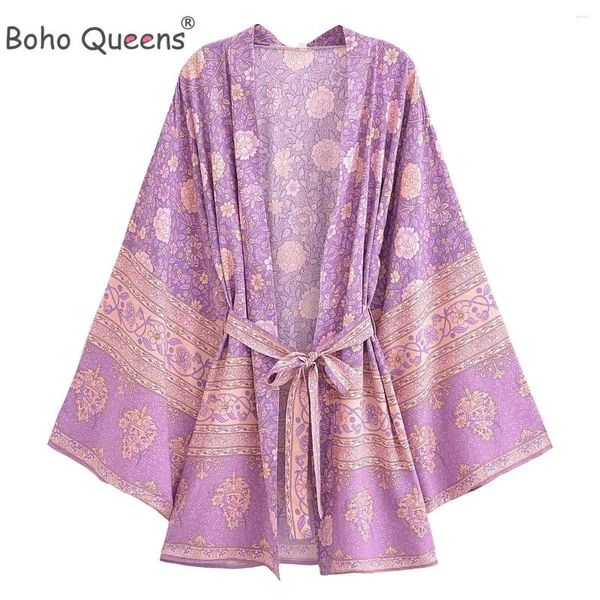 Boho Queens Women Women Purple Floral Stampa floreale Manica Beach Bohemian Kimono Dresses Ladies V Neck Rayon Short Robe Bikini Clow-Up