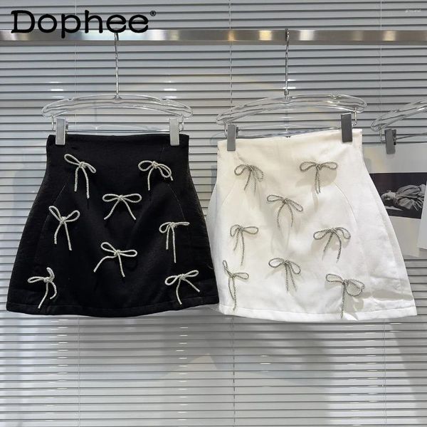 Gonne Fashion Lace-Up Bow Lady Elegant White 2024 Summer Vintage High Welble Skle Women Sweet A-Line Black