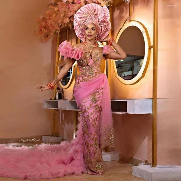 Partykleider nigerianische rosa Abend Applikat Perlenkleider Kristall Luxus afrikanisch vom Schulterkleid Long Peind
