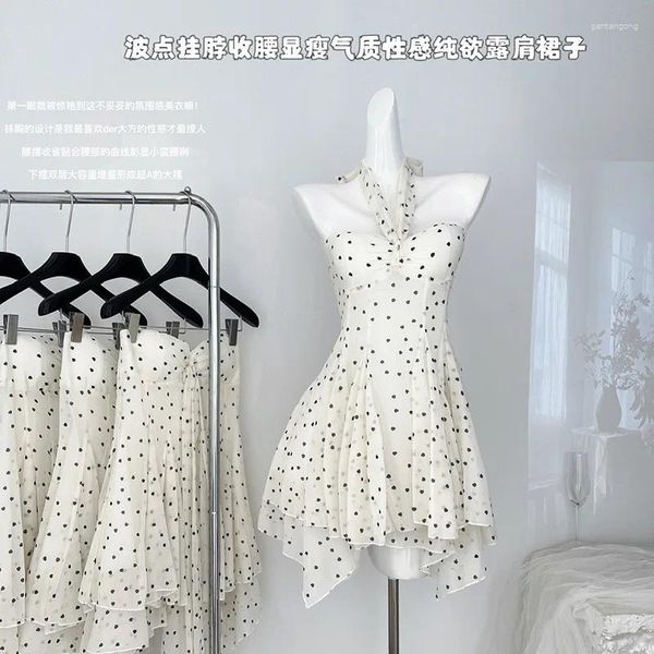 Vestidos casuais elegantes mini mulheres sem mangas polka ponto halter vestido sem costas Spring Summer Holiday sexy sexy doce