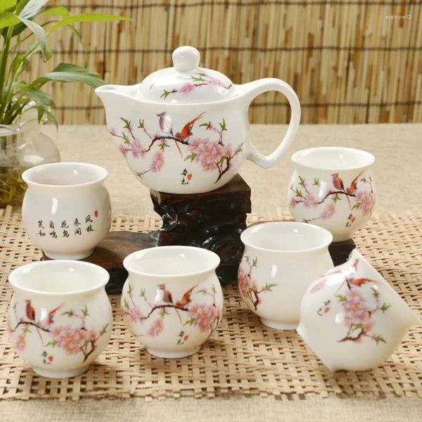 Чайные наборы наборы Jingdezhen 7pcs чайный набор синий и белый фарфоровый двойной стена чашка творческий цветок дракон Moutain