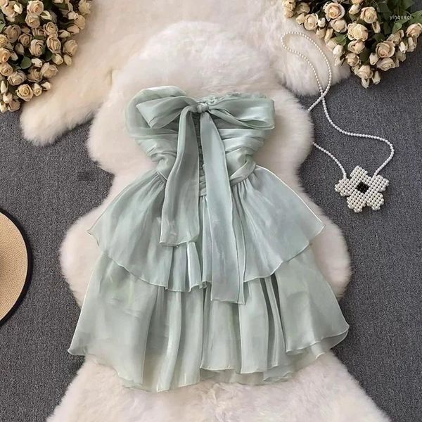 Abiti casual Summer Nustless Slipless Catch Women's Wapping Green Bow Green Bow Sweet A-Line Club Party Chic Mini per 18-24 anni