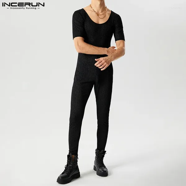 Мужские штаны Incerun Sexy Style Mens Bodysuits Flash Fabric Mesh Perspective Design Dompers Стильные большие U-вырезовые комбинезоны S-5XL S-5XL