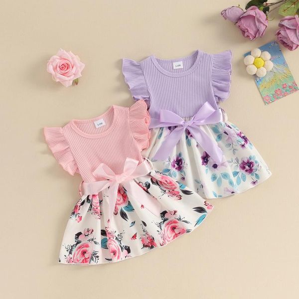 Vestidos de menina vestido de estampa floral doce para meninas de meninas moda com nervura malha de verão princesa com cinto