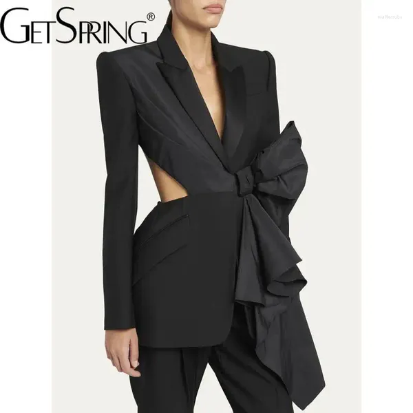 Женские костюмы Женщины Blazer 2024 Summer Elegant Bow Hollow Out дизайн дамы с длинным рукавом черный пальто.