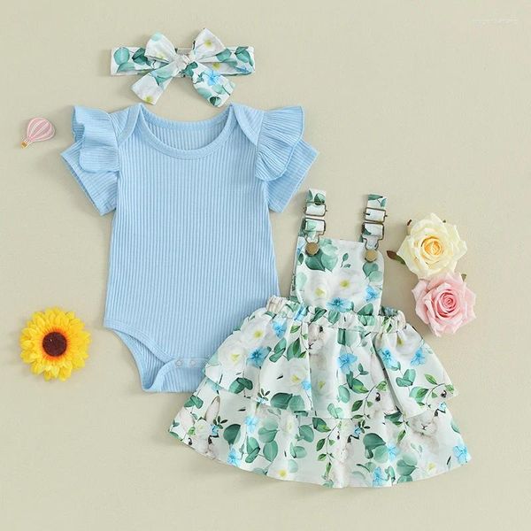 Наборы одежды 0-24 месяца Baby Girl 3pcs Stired синий желтый ребра с коротким рукавом с коротки